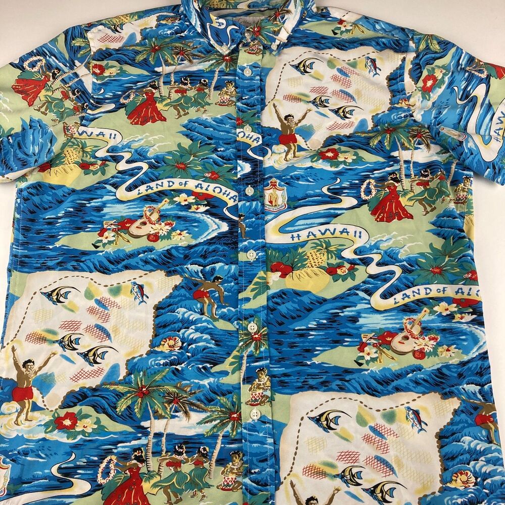 Cotton & Co Shirt Mens XL Land of Aloha Hawaiian Scenic Surf Hula Stretch